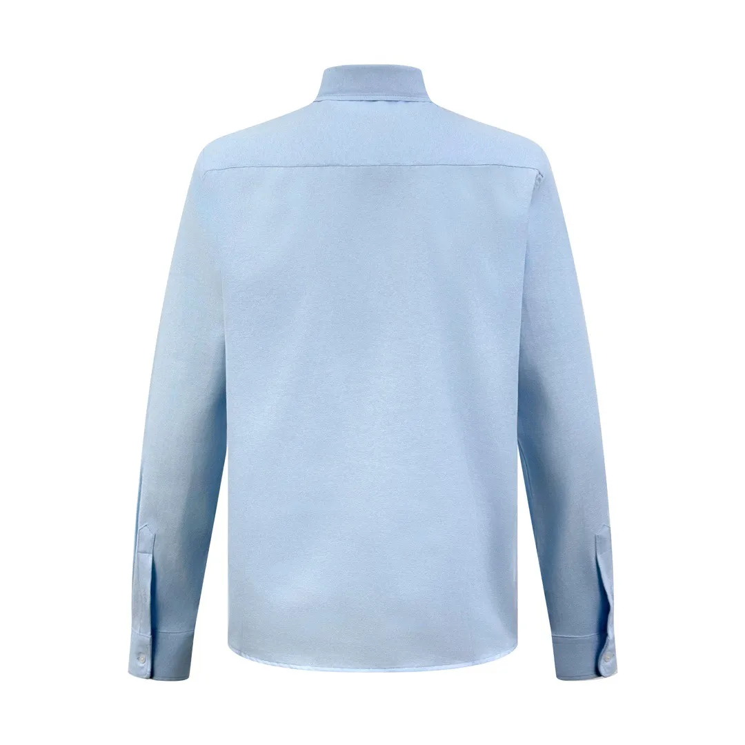 Ami love embroidered long-sleeved shirt (Blue). The fabric is made of customized high-quality flexible Oxford cotton. It has excellent texture, tight and smooth, and is comfortable and close to the skin. It makes a stunning appearance with a touch of clear Light Blue. Black silk thread dances on the chest with love embroidery. The French romantic code is engraved on it. It is the ultimate simplification of color. It also conveys the love and persistence of life in a minimalist shape. It lights up the fashionable layout where simplicity and elegance are intertwined. It adopts imported machine embroidery technology and uses advanced computer control systems and precision mechanical components to realize Ami love embroidery operations with high precision. The lines are smooth and delicate, and the fabrics have been washed. It has a better hand feel and texture. It is not easy to deform, shrink or fade, and maintains long-term beauty. Size:38-40-42-44